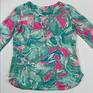 Lilly Pulitzer 100% Linen Pink Green Tropical Print Henley Top Womens Sz XS